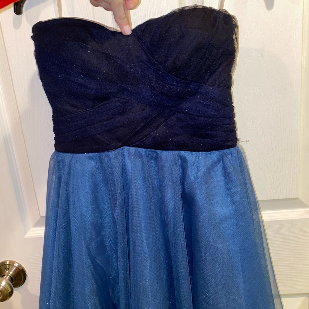 strapless navy blue sparkly event dress